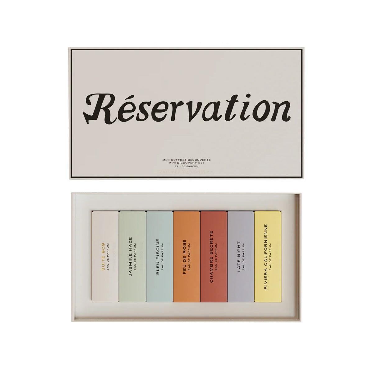 'Réservation packaging and a color swatch fragrances below on a white background
