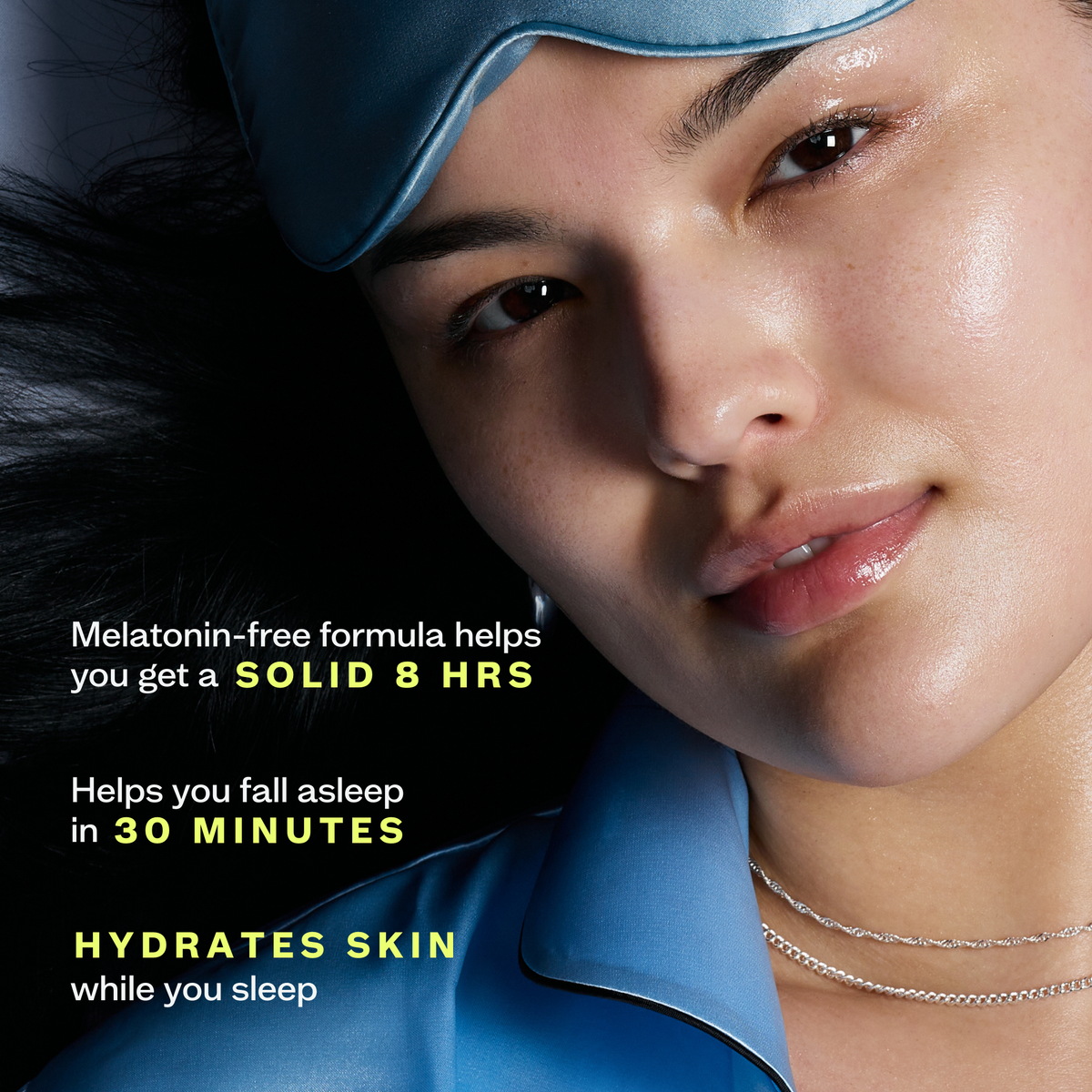 Close up of a woman in sleepwear with text that details basic benefits of Timebeam Beauty - PM Reset Mode Healthy Pixie