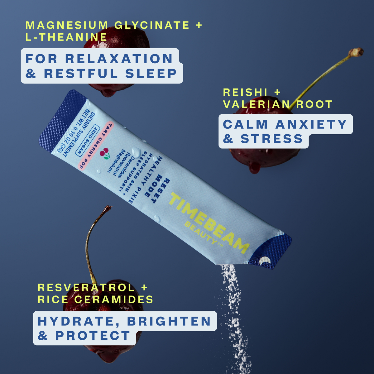 Open packet of Timebeam Beauty - PM Reset Mode Healthy Pixie floating in a blue space with cherries and text explaining basic benefits