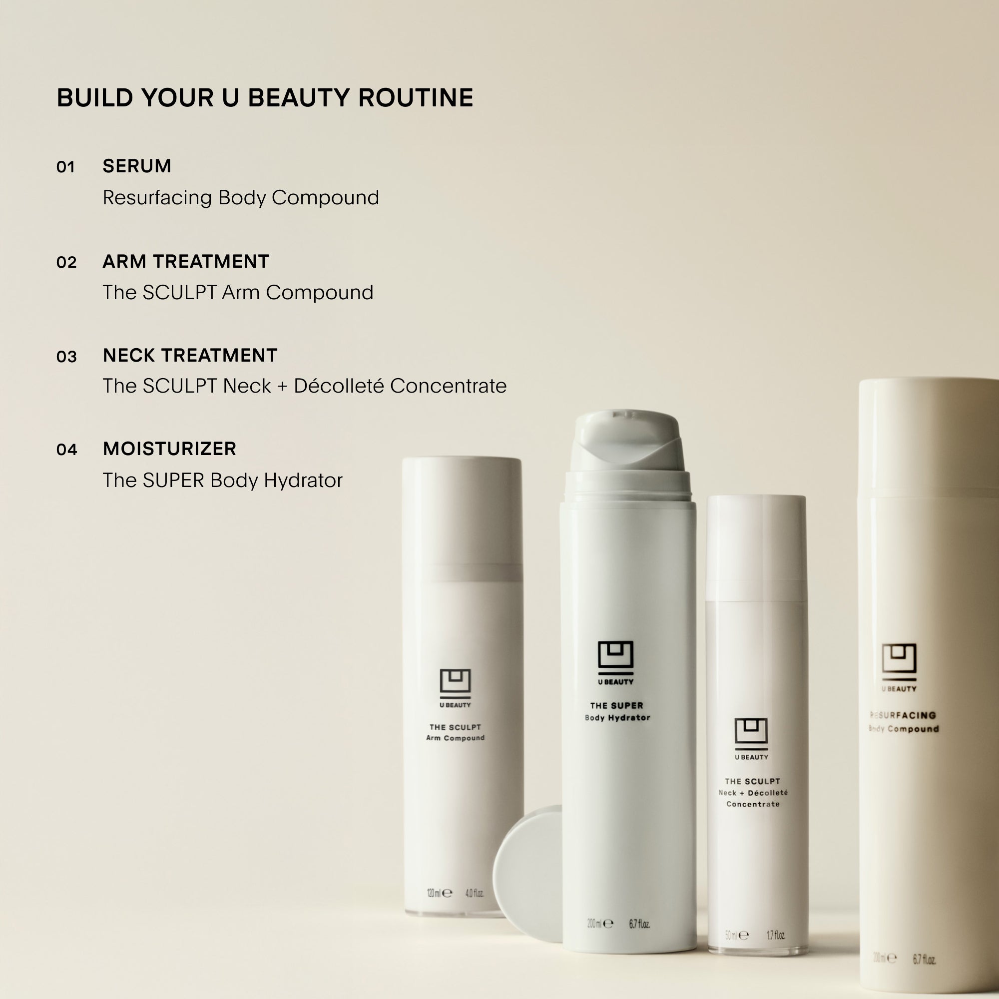 Skincare products with text detailing a beauty routine on a beige background