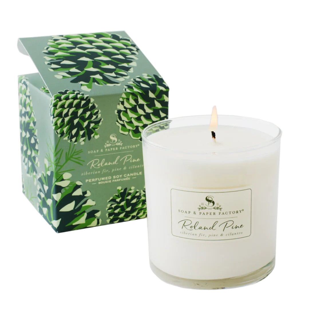 White candle with a label and green packaging featuring pine cones on a white background