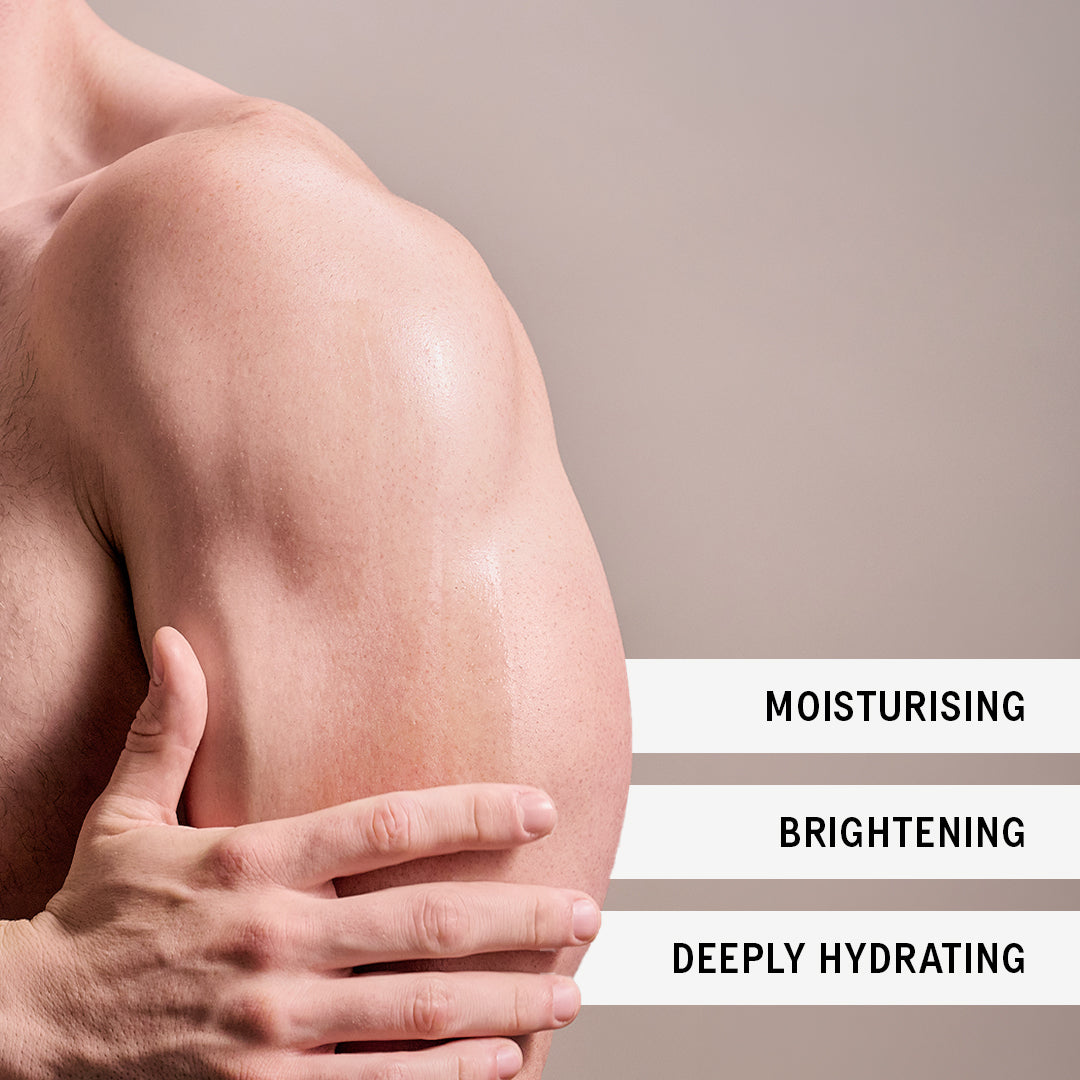 Person holding their arm with text indicating moisturizing, brightening, and deep hydration benefits.