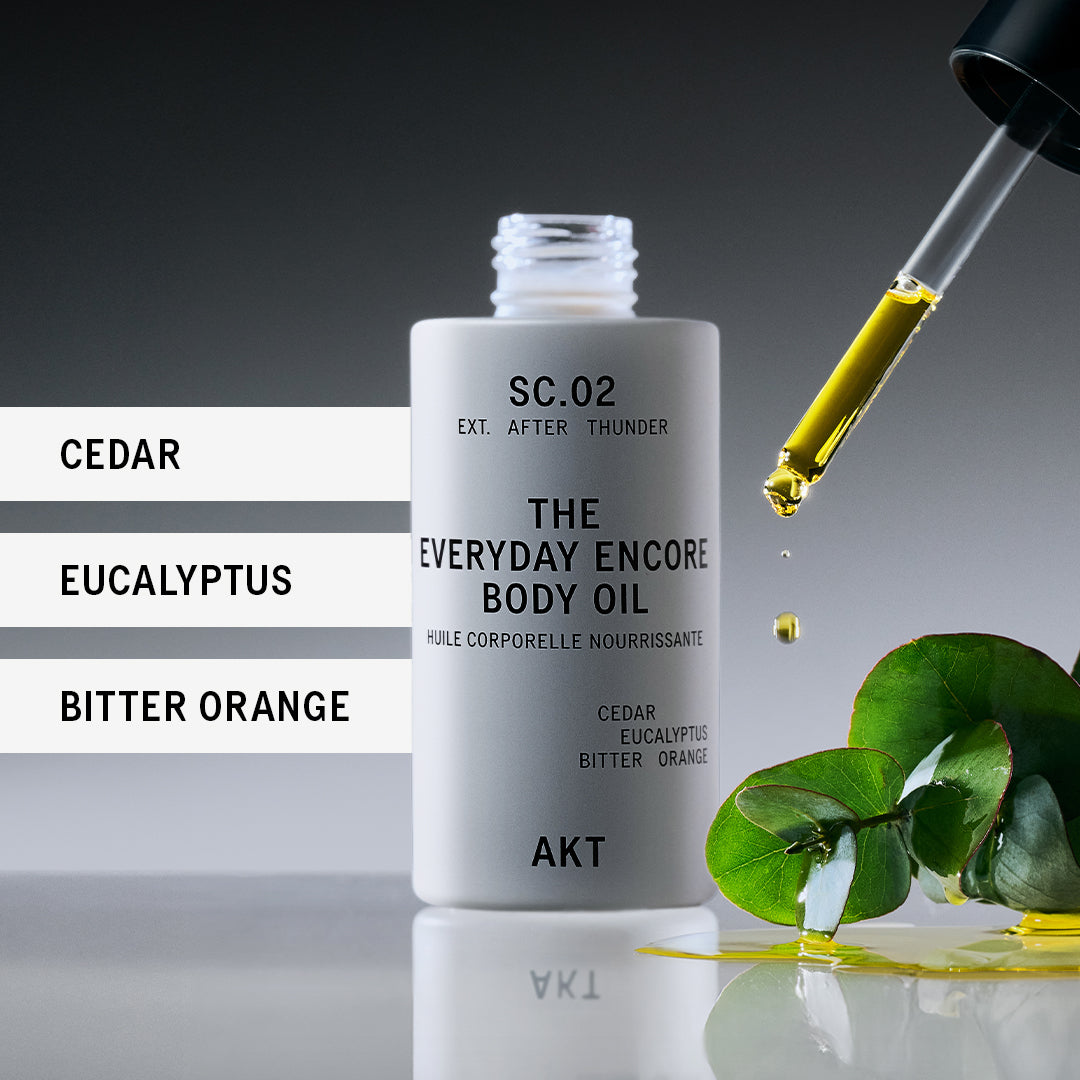 Body oil bottle with dropper and plant elements on a dark background.