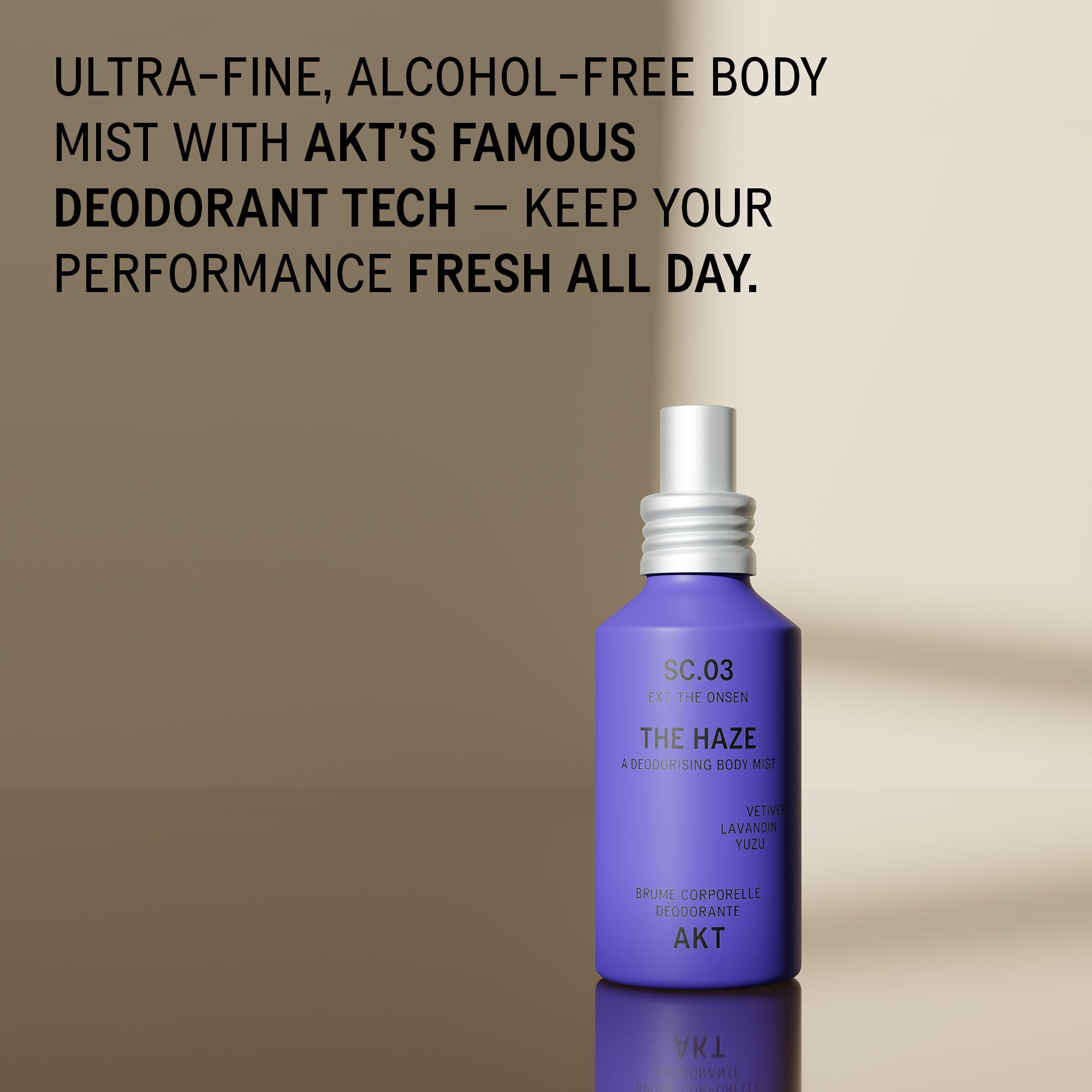 Bottle of AKT The Haze SC. 03 The Onsen with a white spray nozzle, set against a warm beige background with a text overlay describing its alcohol-free deodorant technology.