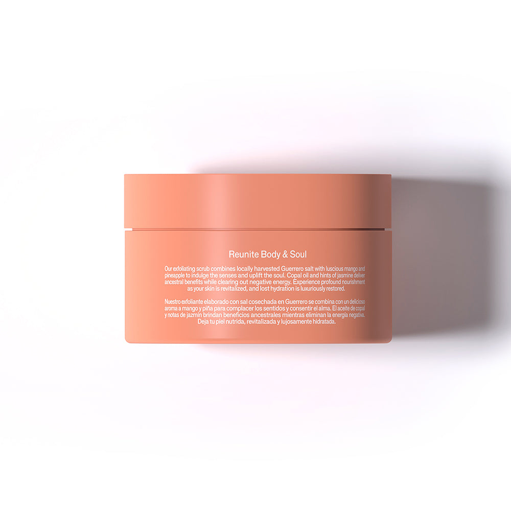 Coral-colored container with text on a white background