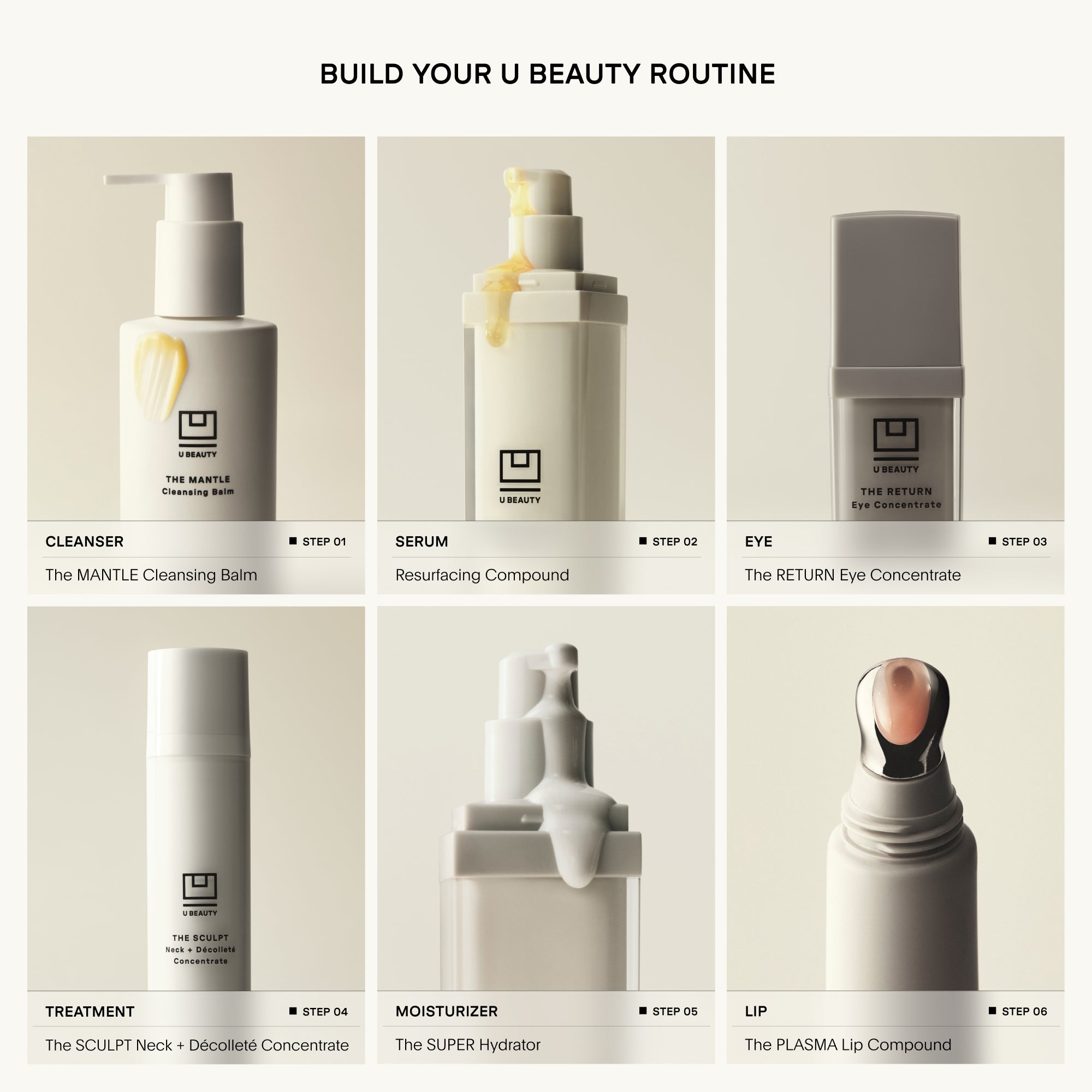 Collage of skincare products with labels and step indicators for a beauty routine.