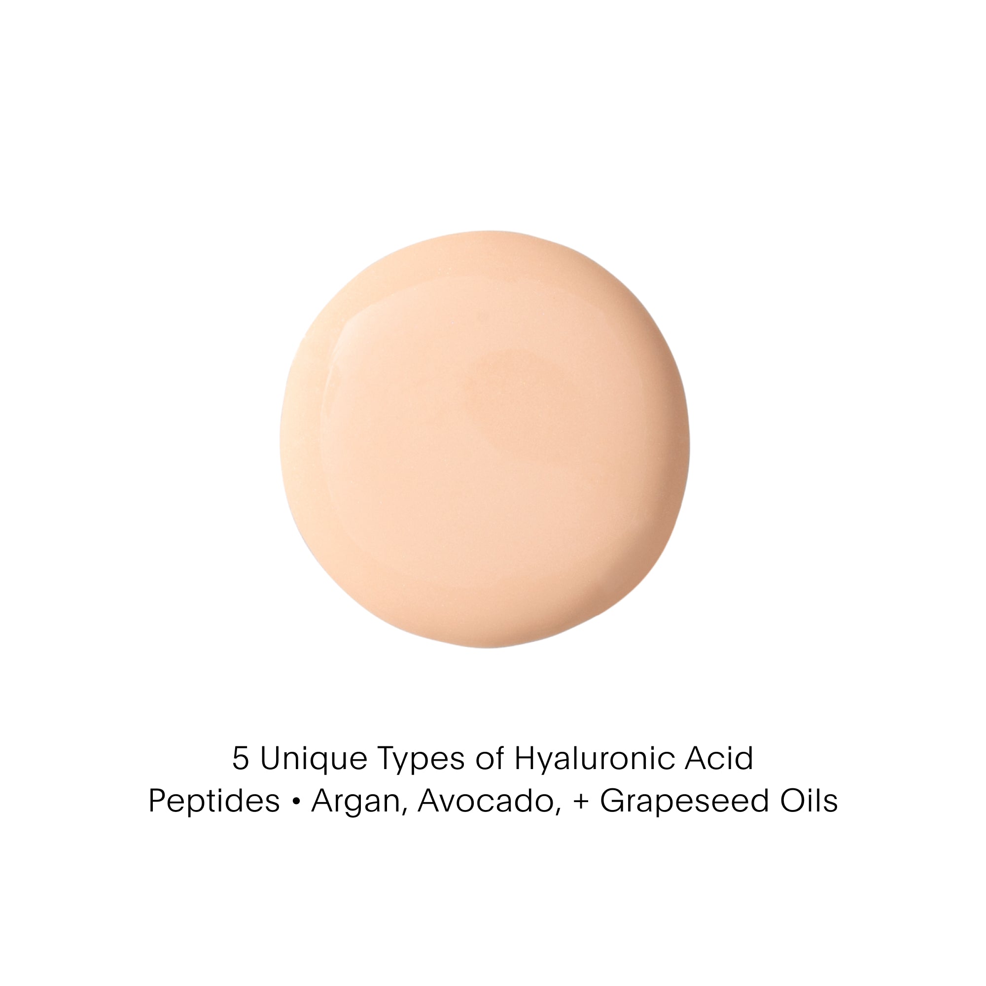Beige cosmetic product on a white background with text about hyaluronic acid types.