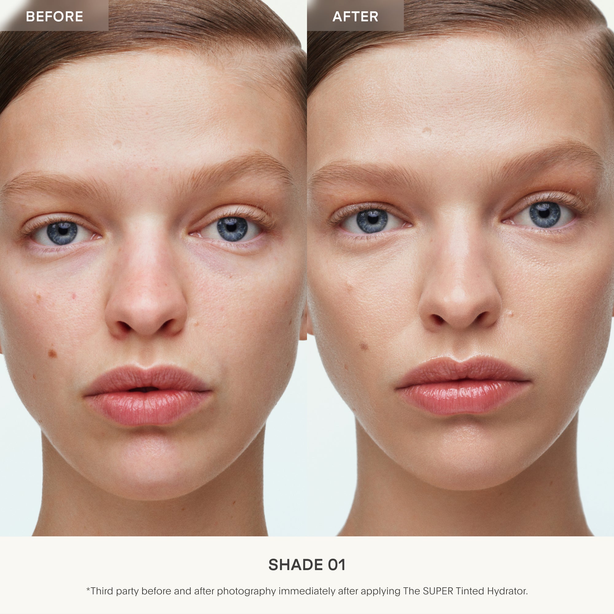 Before and after comparison of a woman's face with The SUPER Tinted Hydrator applied.