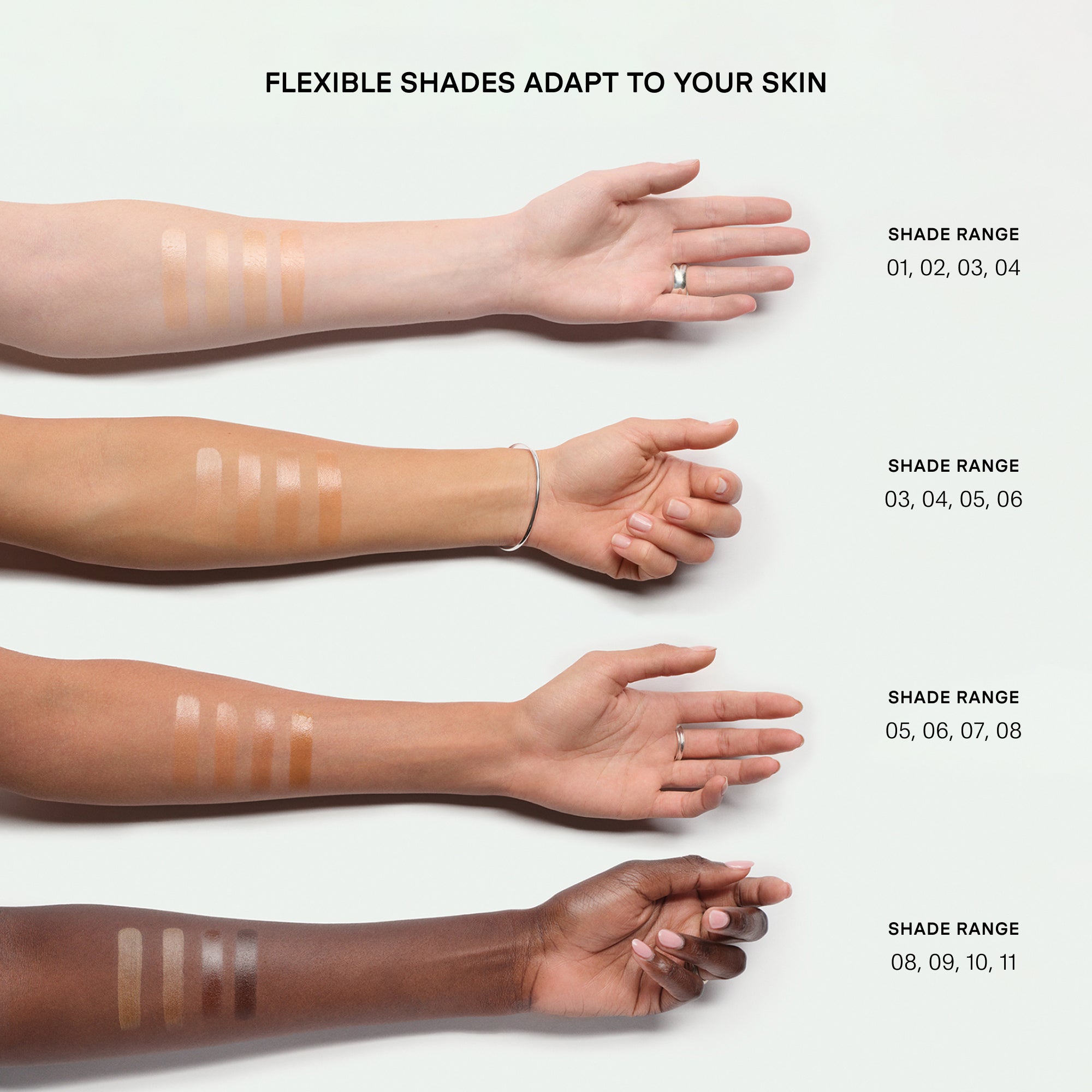 Hands with makeup swatches on a white background, showing a range of skin tones.