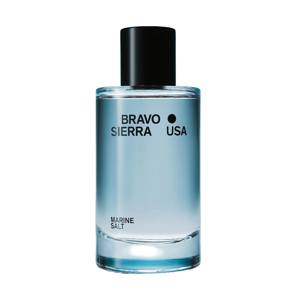 Bottle of Bravo Sierra USA Marine Salt cologne on a gradient blue background