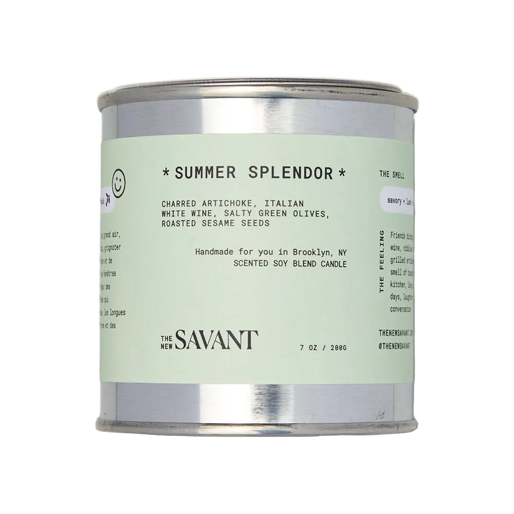 Candle packaging with 'Summer Splendor' description and 'The Savant' branding.