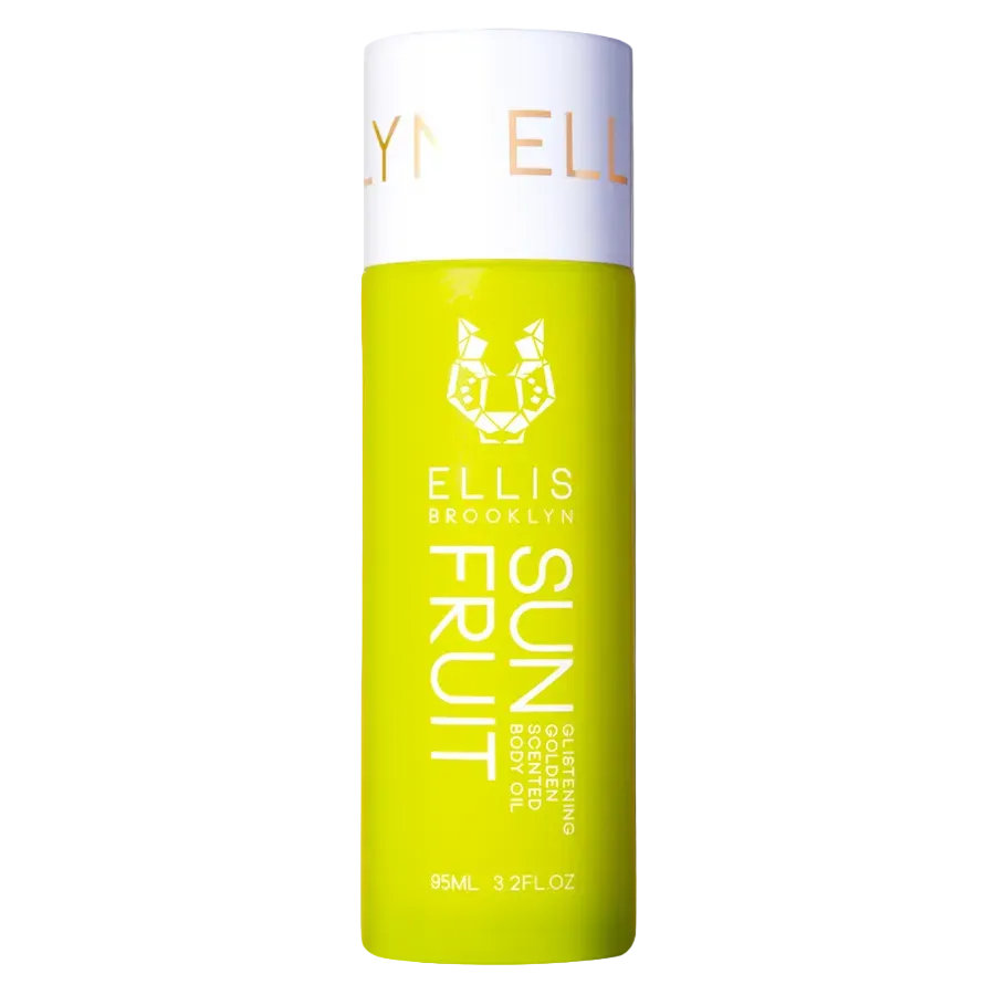 Yellow bottle of Ellis Brooklyn Sun Fruit body oil on a white background