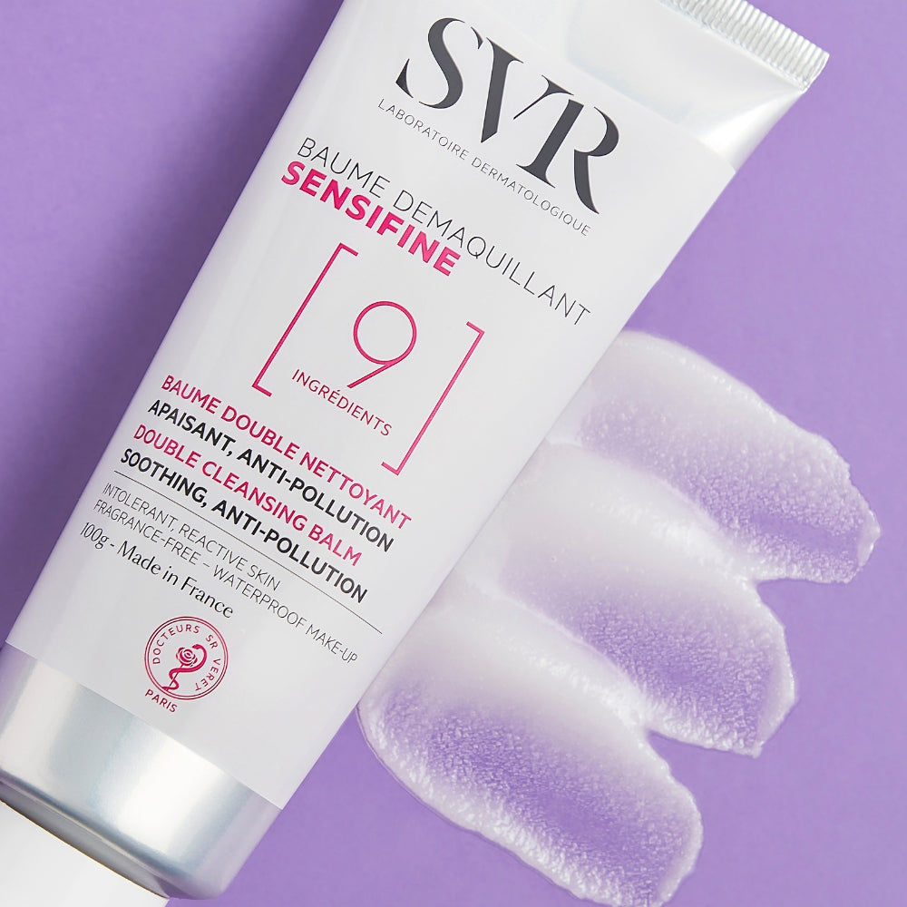 SVR Sensifine Cleansing Balm cleansing balm on a purple background