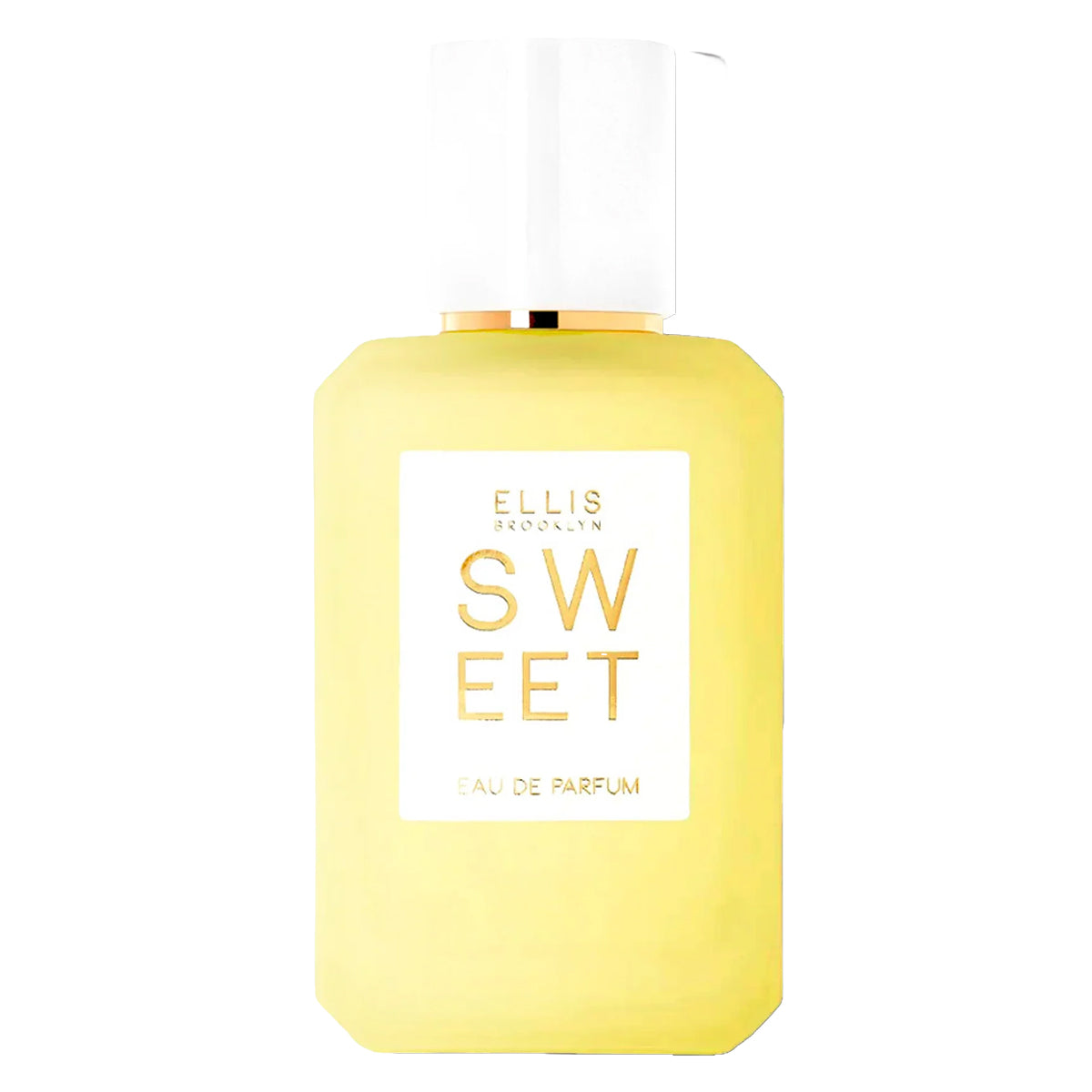 Yellow perfume bottle labeled 'Sweet' by Ellis Brooklyn on a white background