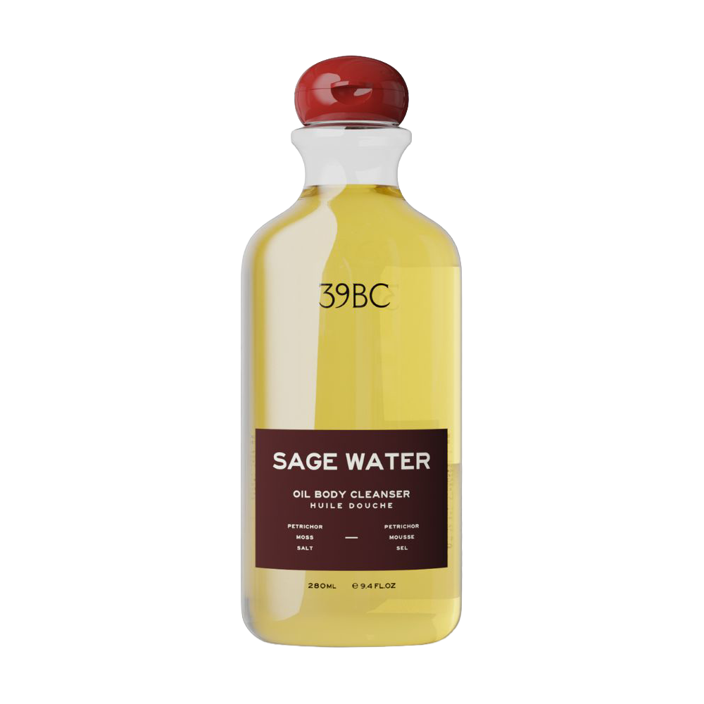 Bottle of 39BC Sage Water Oil Body Cleanser on a white background