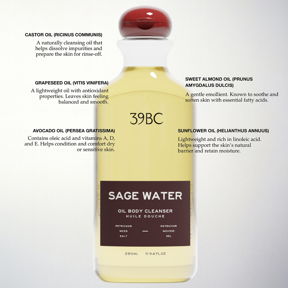 Bottle of 39BC Sage Water Oil Body Cleanser on white with text in black detailing key ingredients