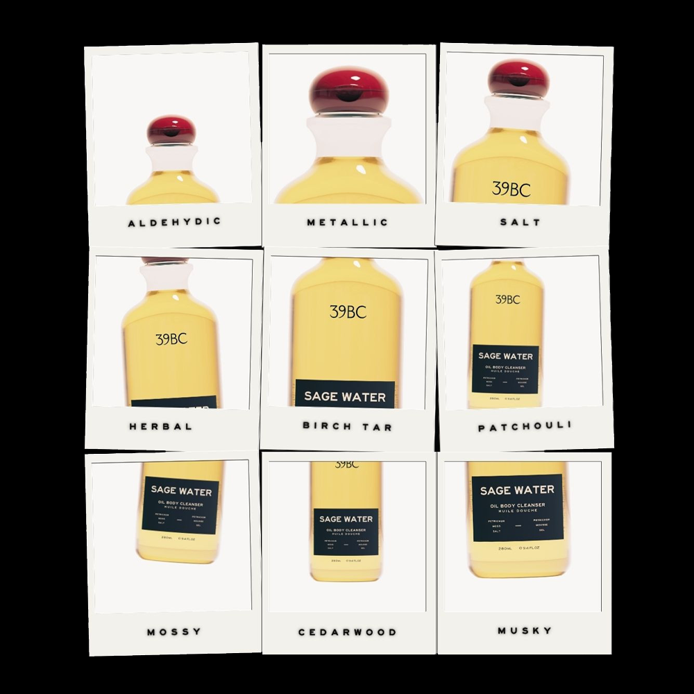 A grid of polaroids taken of a bottle of 39BC Sage Water Oil Body Cleanser with text descriptors