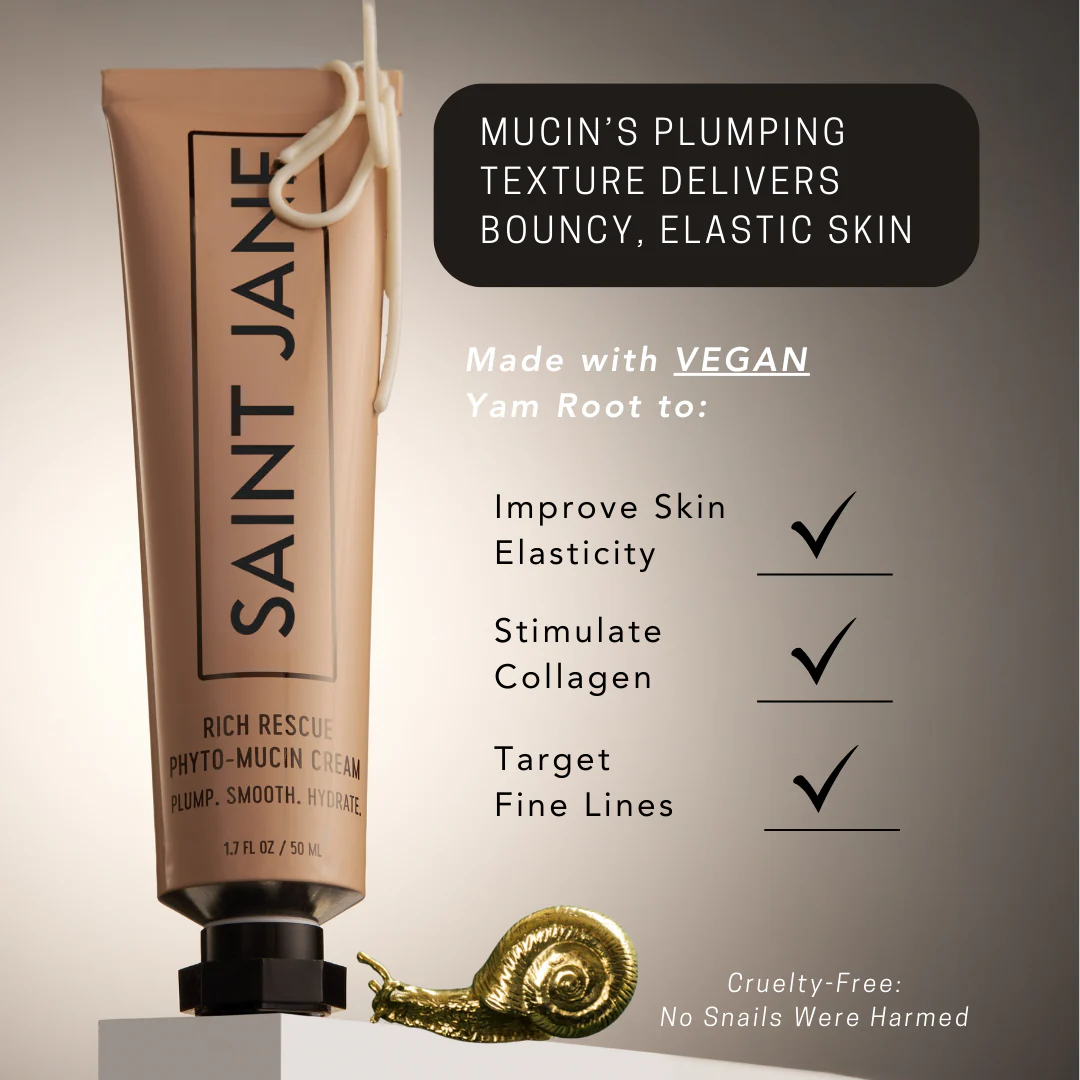 Saint Jane cream tube with text about skincare benefits and vegan ingredients on a neutral background