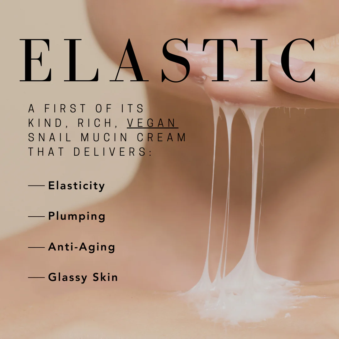 Elastic snail mucin cream being applied to skin with text highlighting benefits