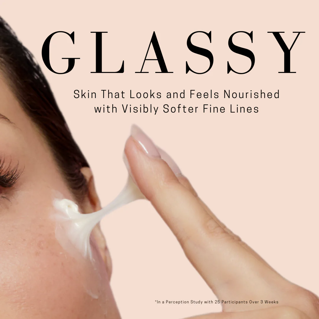 Product application on skin with 'GLASSY' branding and text about nourished skin and fine lines.