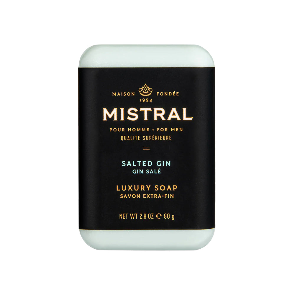 Mistral Salted Gin luxury soap bar on a white background