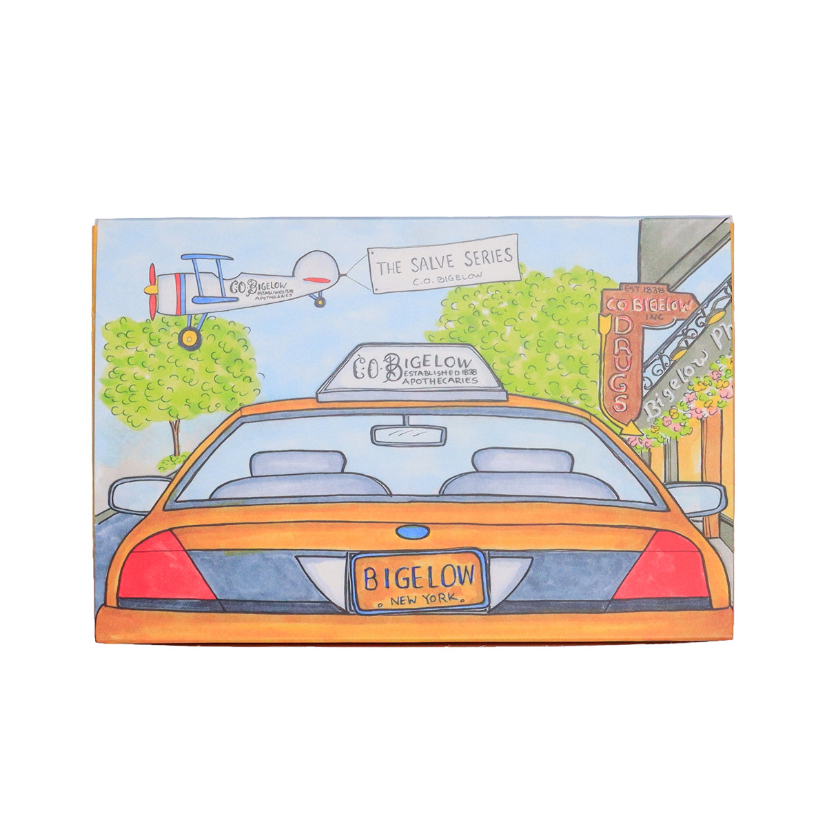 Illustration of a taxi with 'Bigelow' branding in front of a store named 'CC Bigelow'.