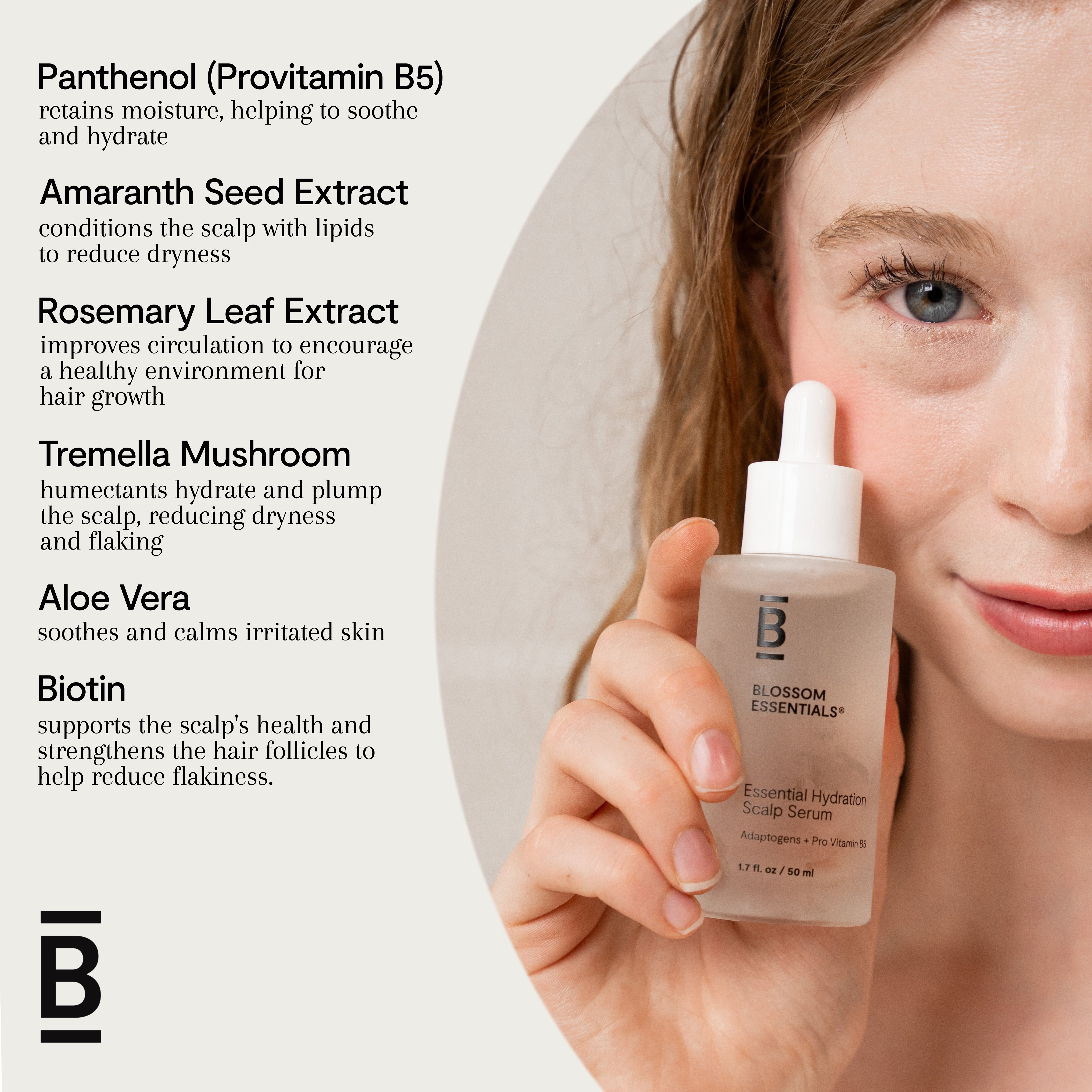 Woman holding a skincare serum bottle with product details on a white background