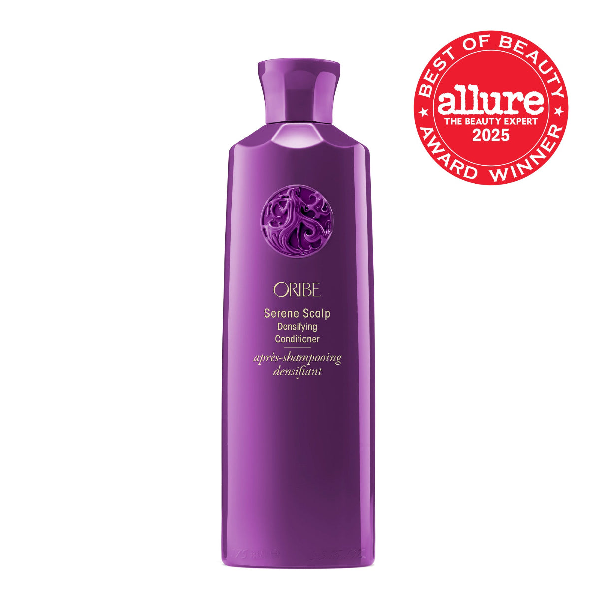 Purple bottle of Oribe Serene Scalp Densifying Conditioner with Allure Best of Beauty Award badge on a white background