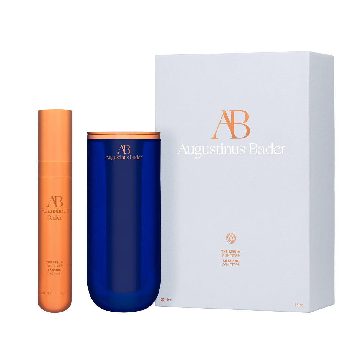 Augustinus Bader skincare set with two bottles and a box on a white background