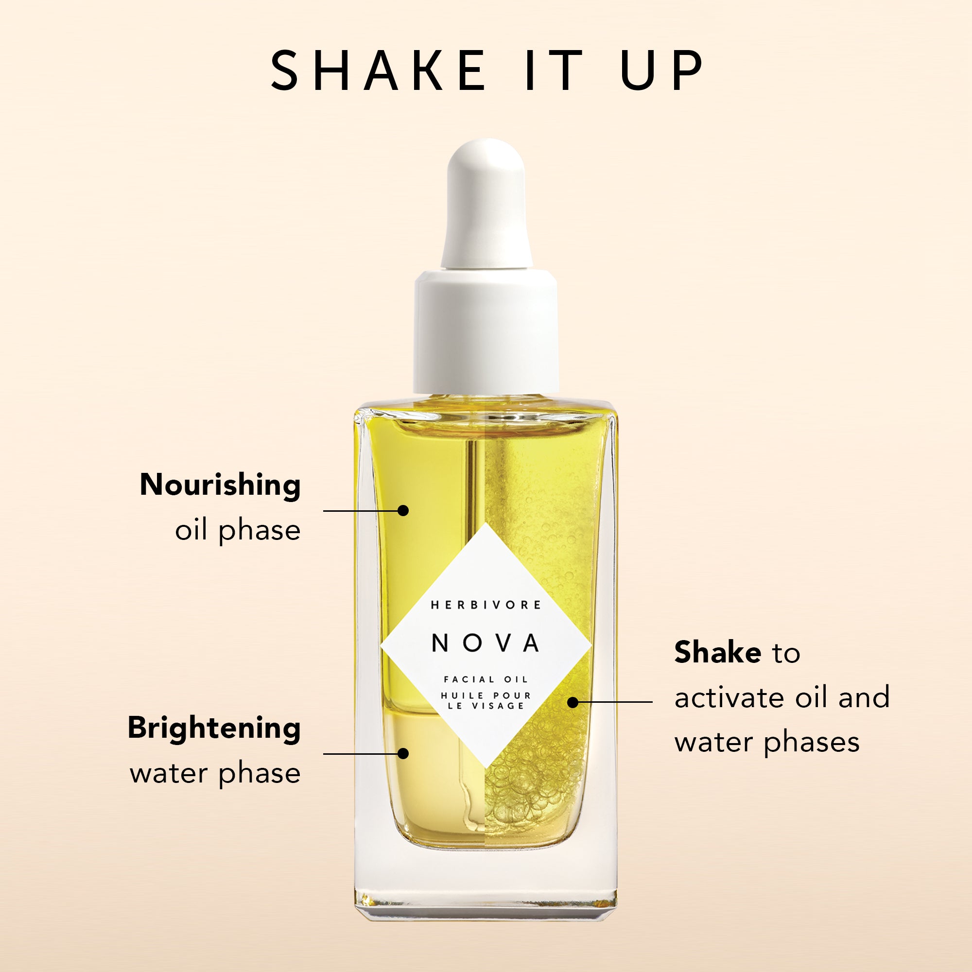 Herbivore Nova facial oil bottle with labeled instructions on a beige background