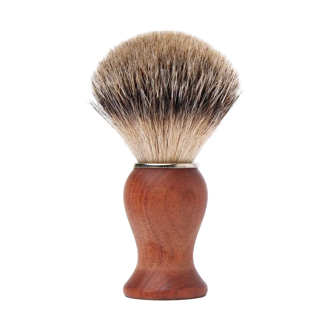 Shaving brush with wooden handle and synthetic bristles on a white background