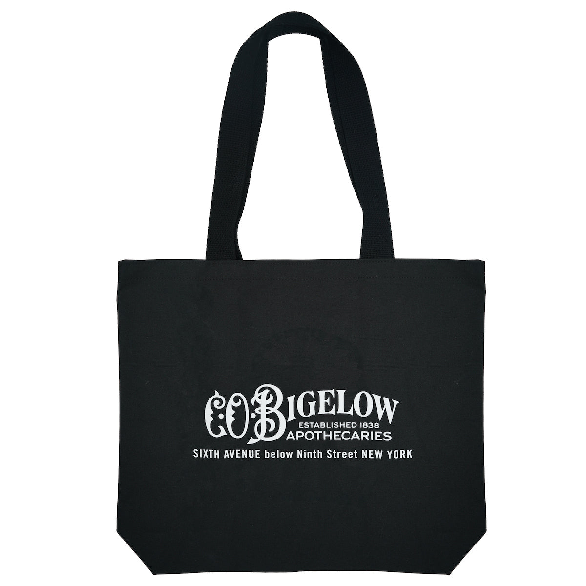Black tote bag with white text on a white background