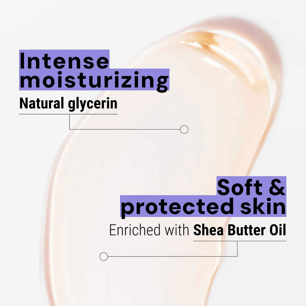 Panier des Sens Lavender Shower Gel swatch. Text overlaid reads: "Intense moisturizing - Natural Glycerin. Soft & protected skin - enriched with shea butter oil."