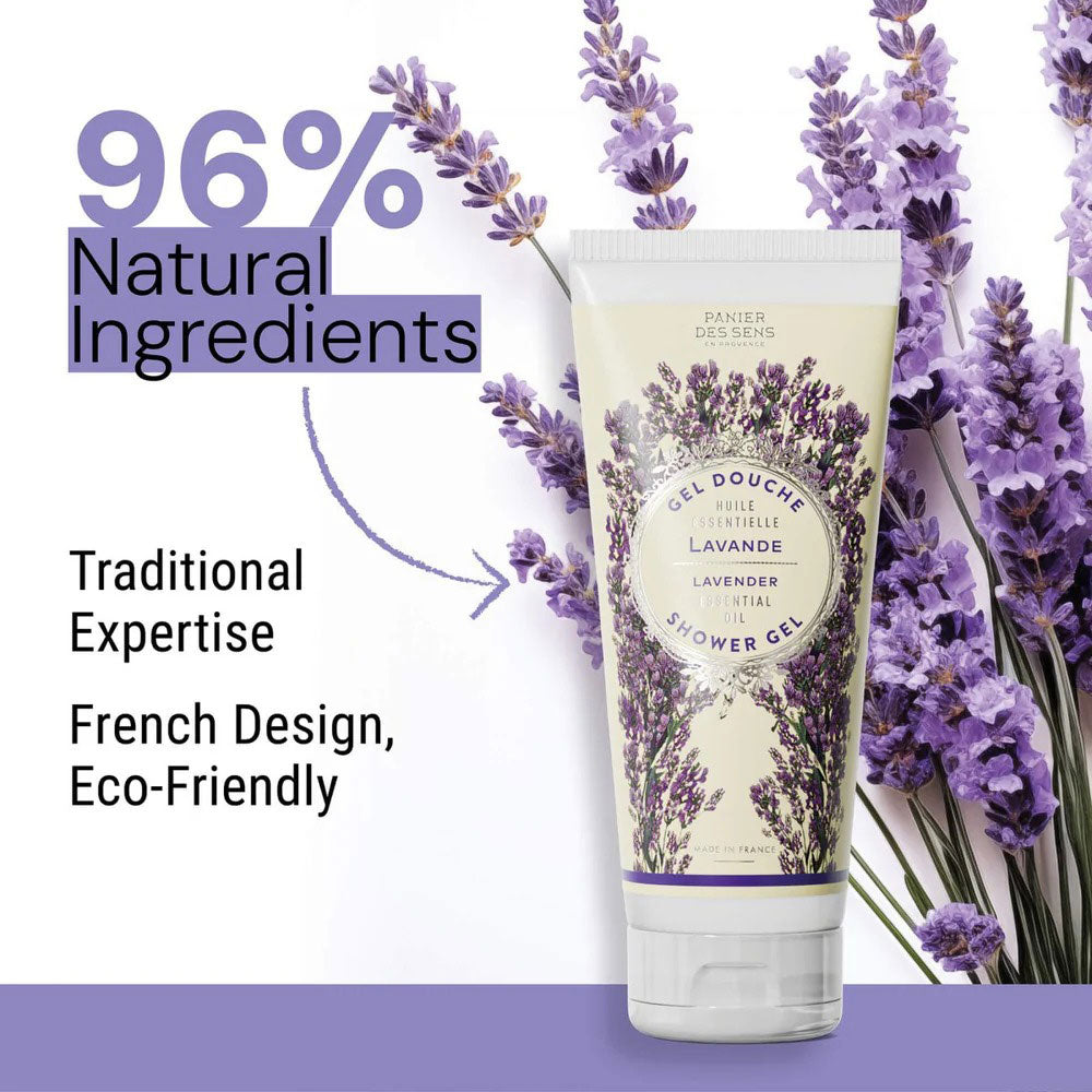 Panier des Sens Lavender Shower Gel in front of lavender flowers. Text reads: 96% natural ingredients. Traditional Expertise. French Design, Eco-Friendly."