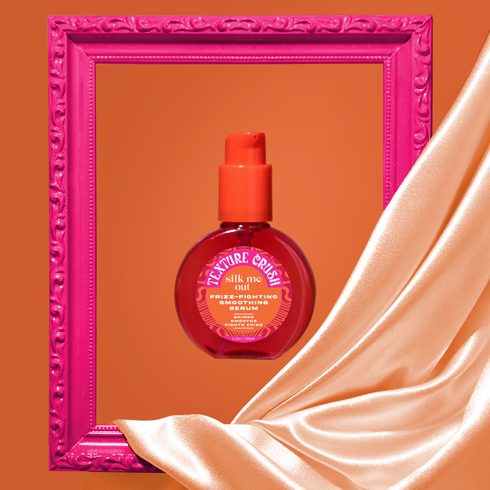 Texture Crush bottle with pink frame and peach fabric on orange background