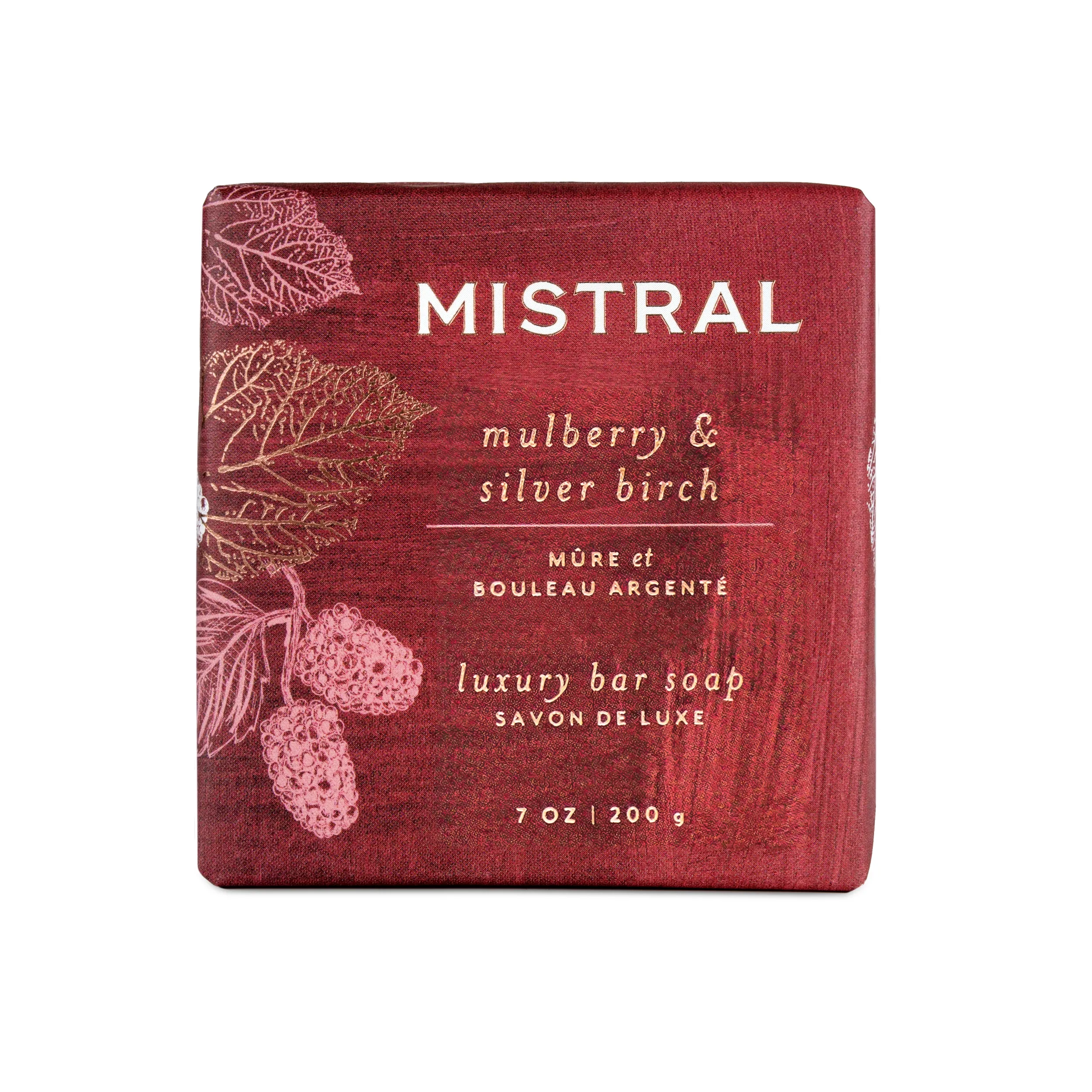 Mistral mulberry & silver birch soap bar packaging on a white background