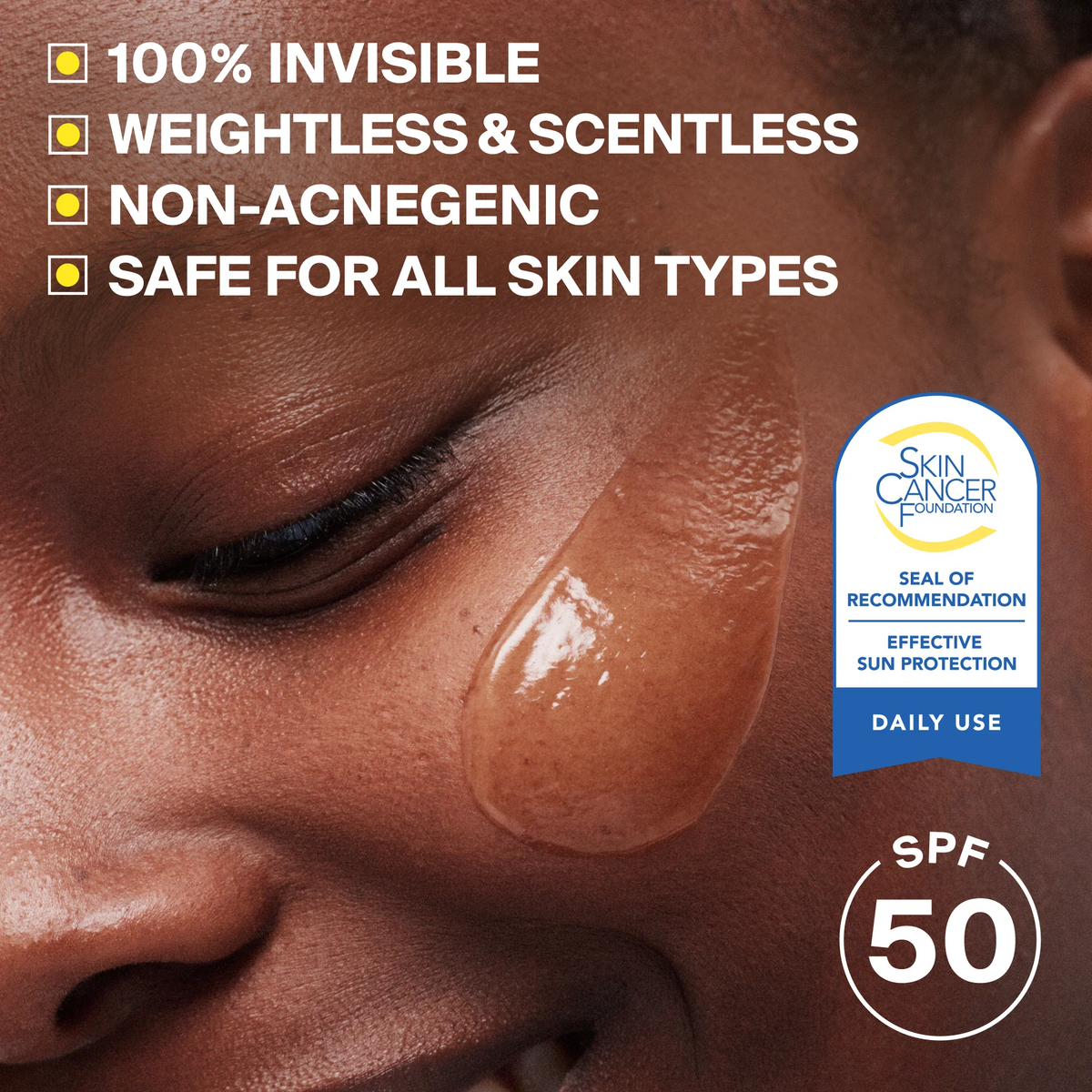 Close up of Supergoop! Unseen Sunscreen SPF 50 smeared on a person's cheek with text overlayed explaining benefits of the product