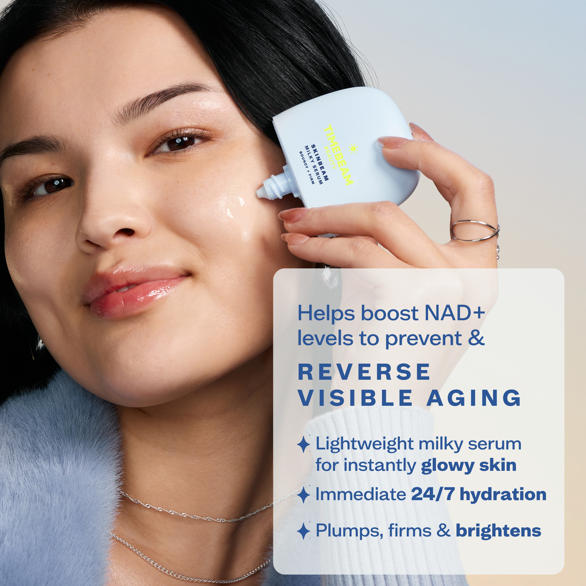 Woman applying Timebeam Beauty - Skinbeam Milky Serum to her face with additional descriptive text