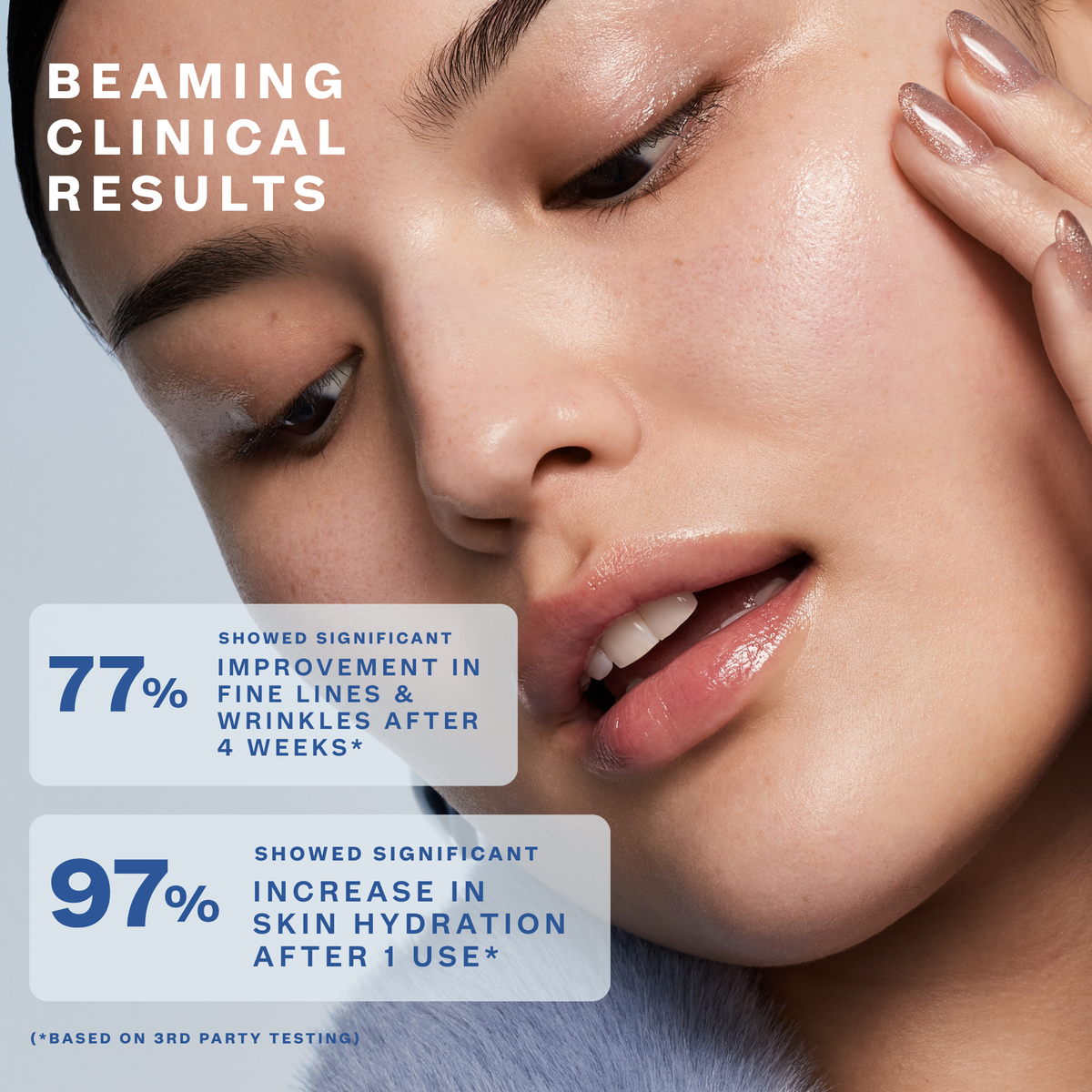 Close up of a woman's face and text describing rate of skin improvement after use of Timebeam Beauty - Skinbeam Milky Serum