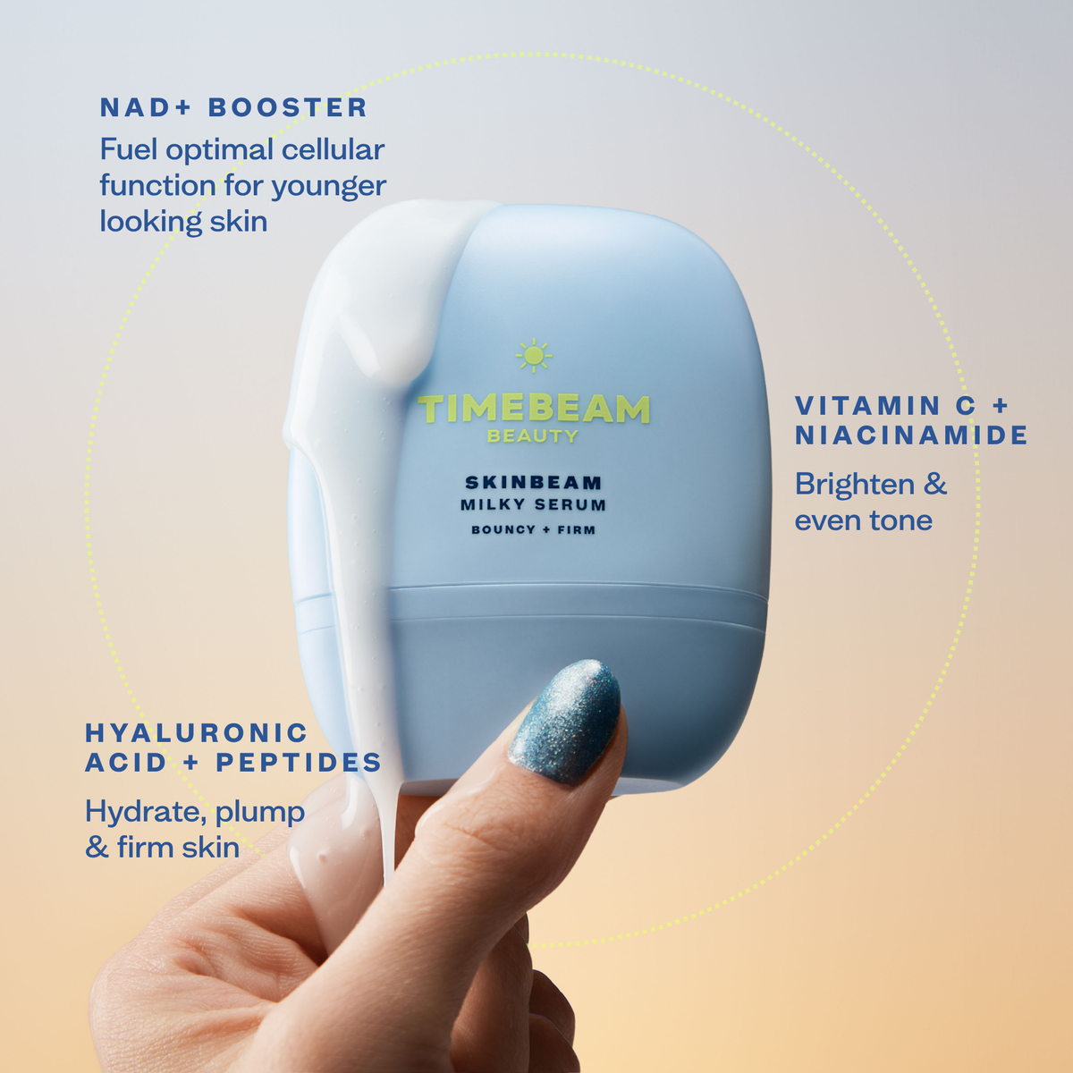 Hand holding Timebeam Beauty - Skinbeam Milky Serum on a neutral background and text highlighting benefits