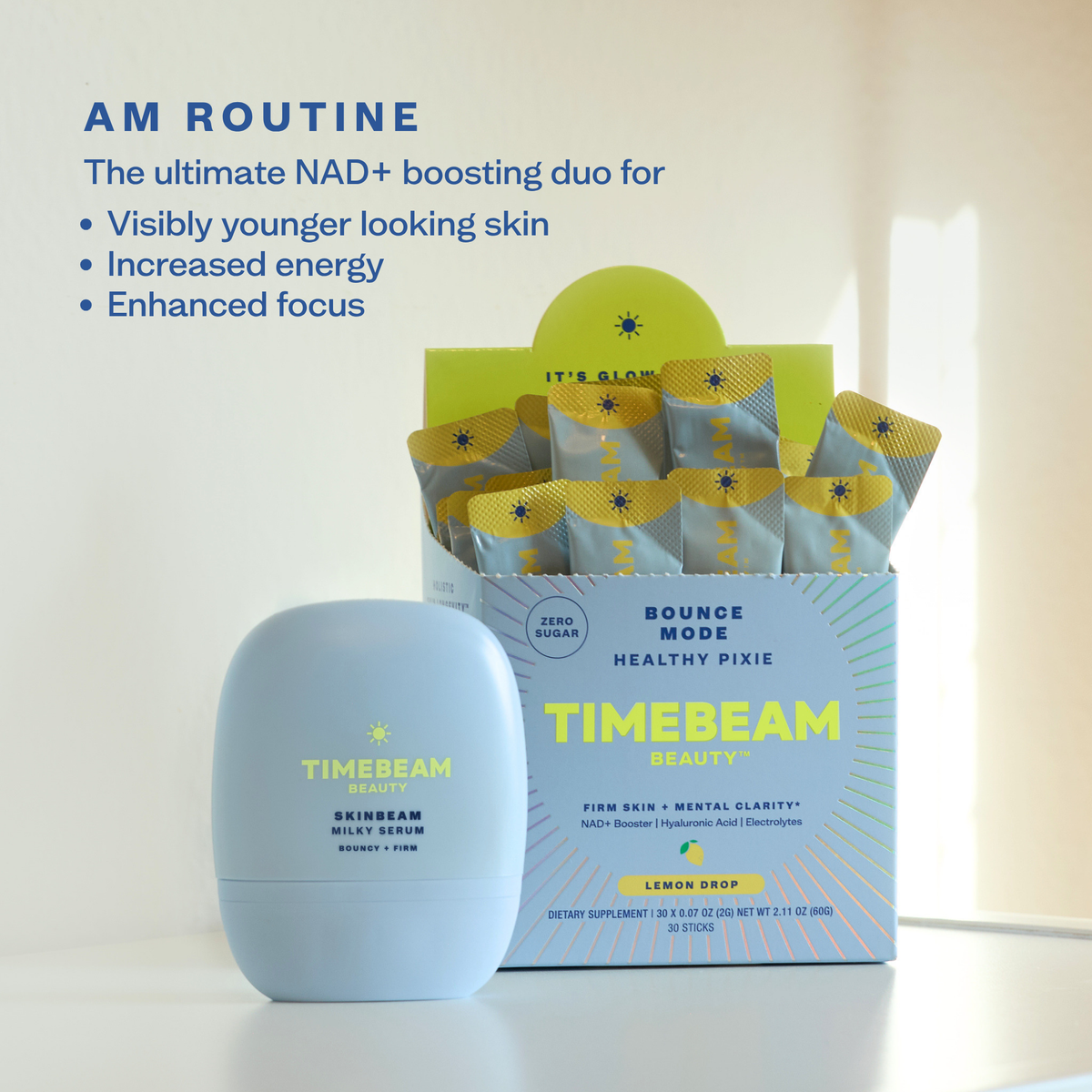Picture of Timebeam Beauty - Skinbeam Milky Serum and box of packets on a neutral, well lit surface 