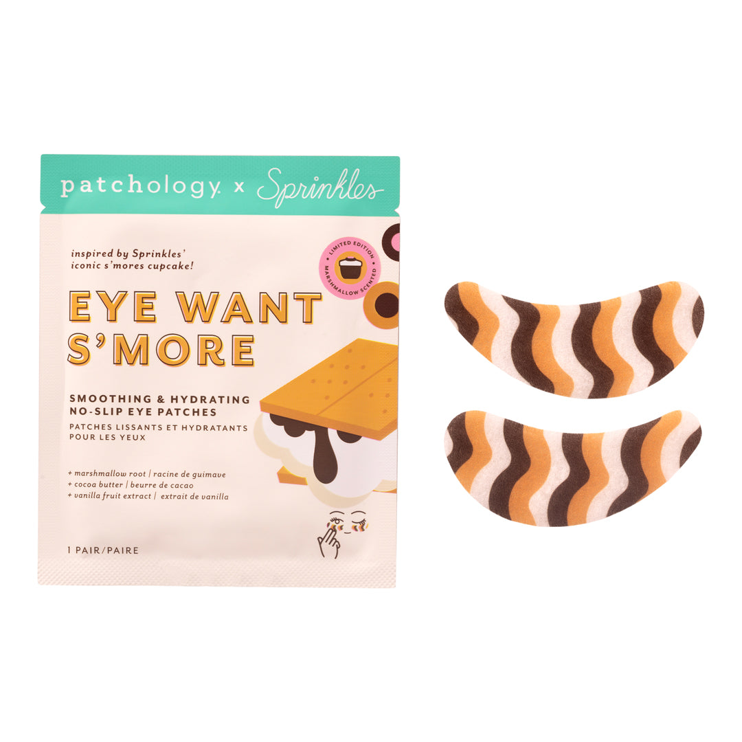 Eye patch packaging with 'Eye Want S'More' text and eye patches inspired by Sprinkles cupcake design.