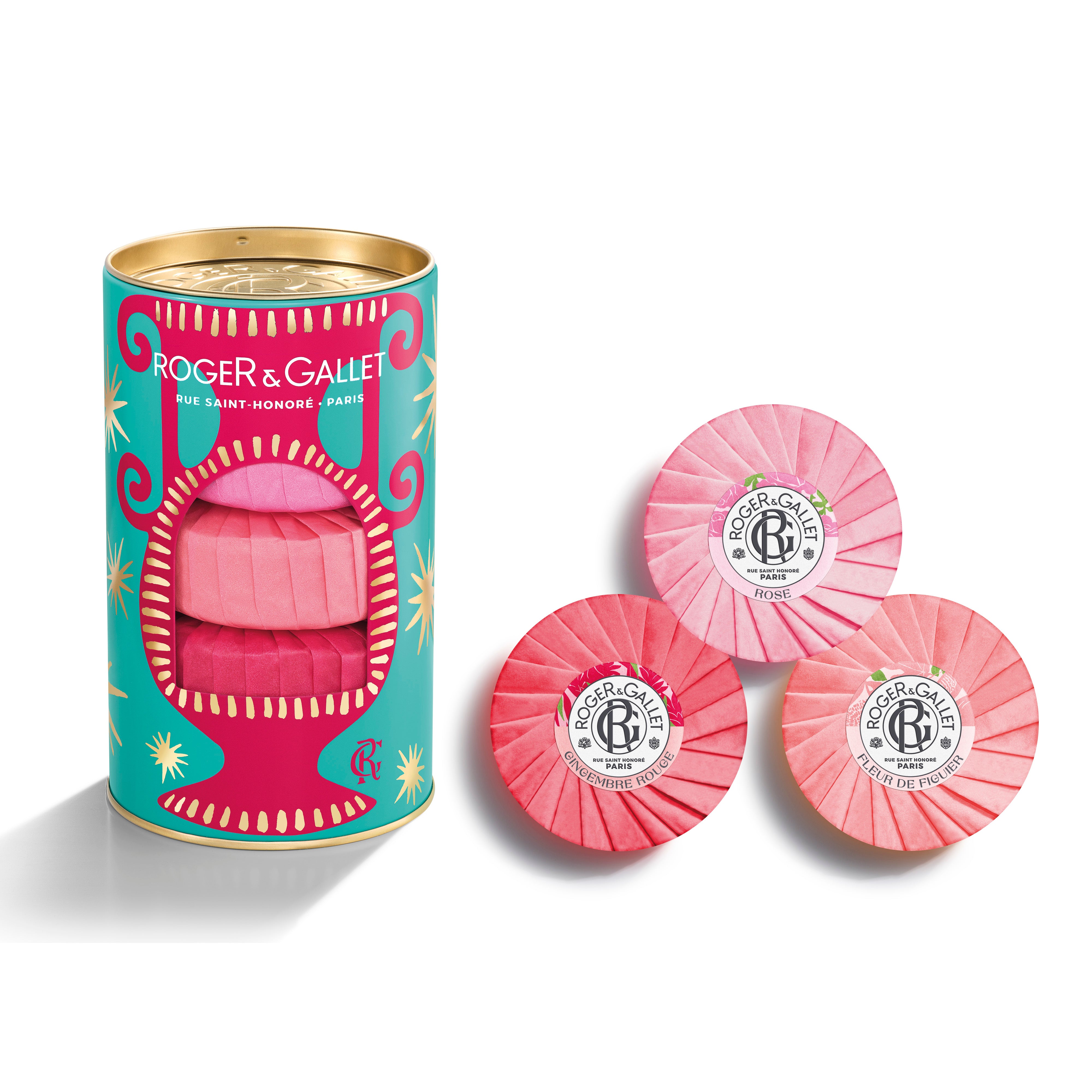 Roger & Gallet soap set with a decorative canister on a white background