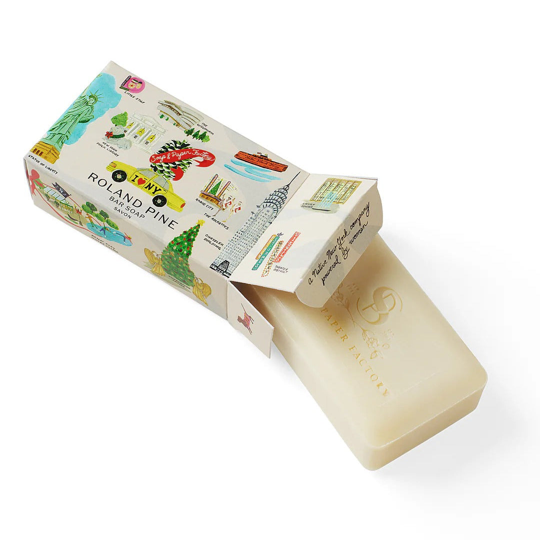 Roland Pine Bar of soap with a colorful packaging on a white background