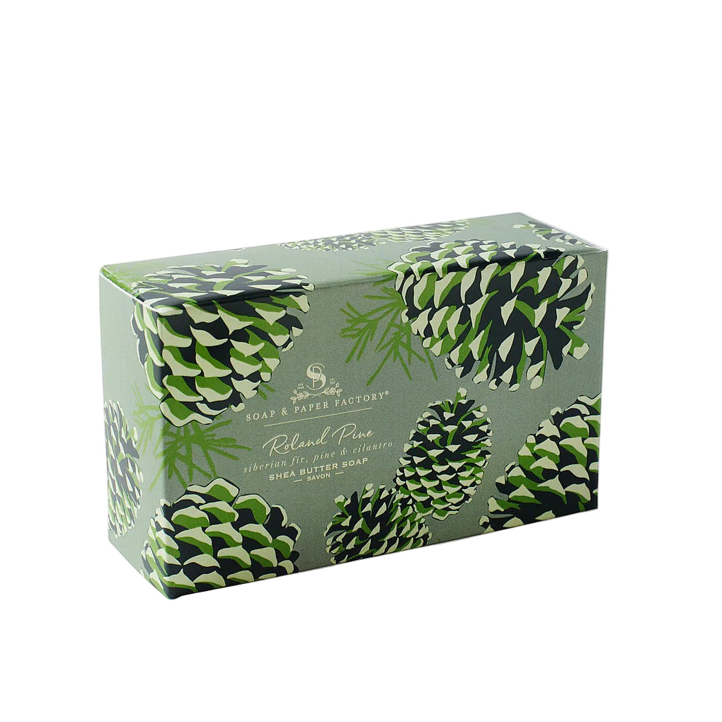 Roland Pine soap box with pine cone design on a white background