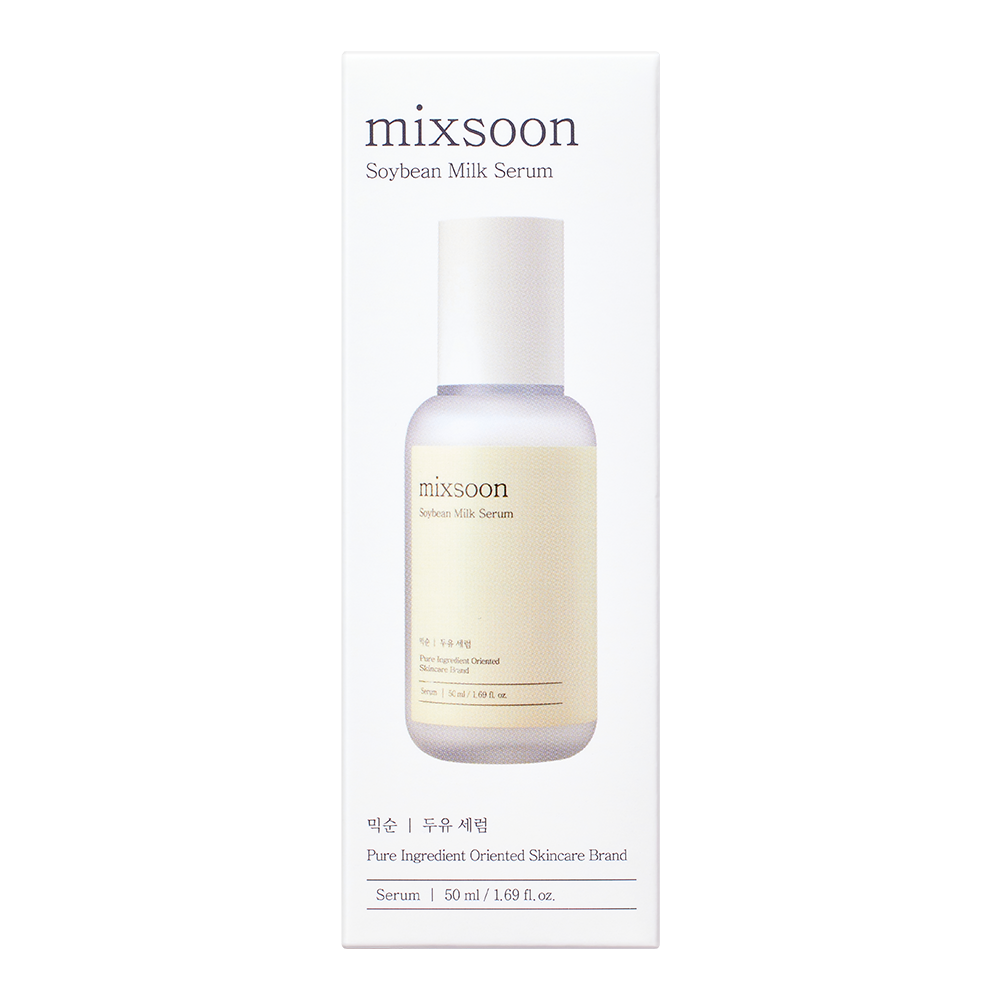 A white rectangular box for mixsoon Soybean Milk Serum, featuring a centered printed image of the clear bottle with a pale beige label and white cap.