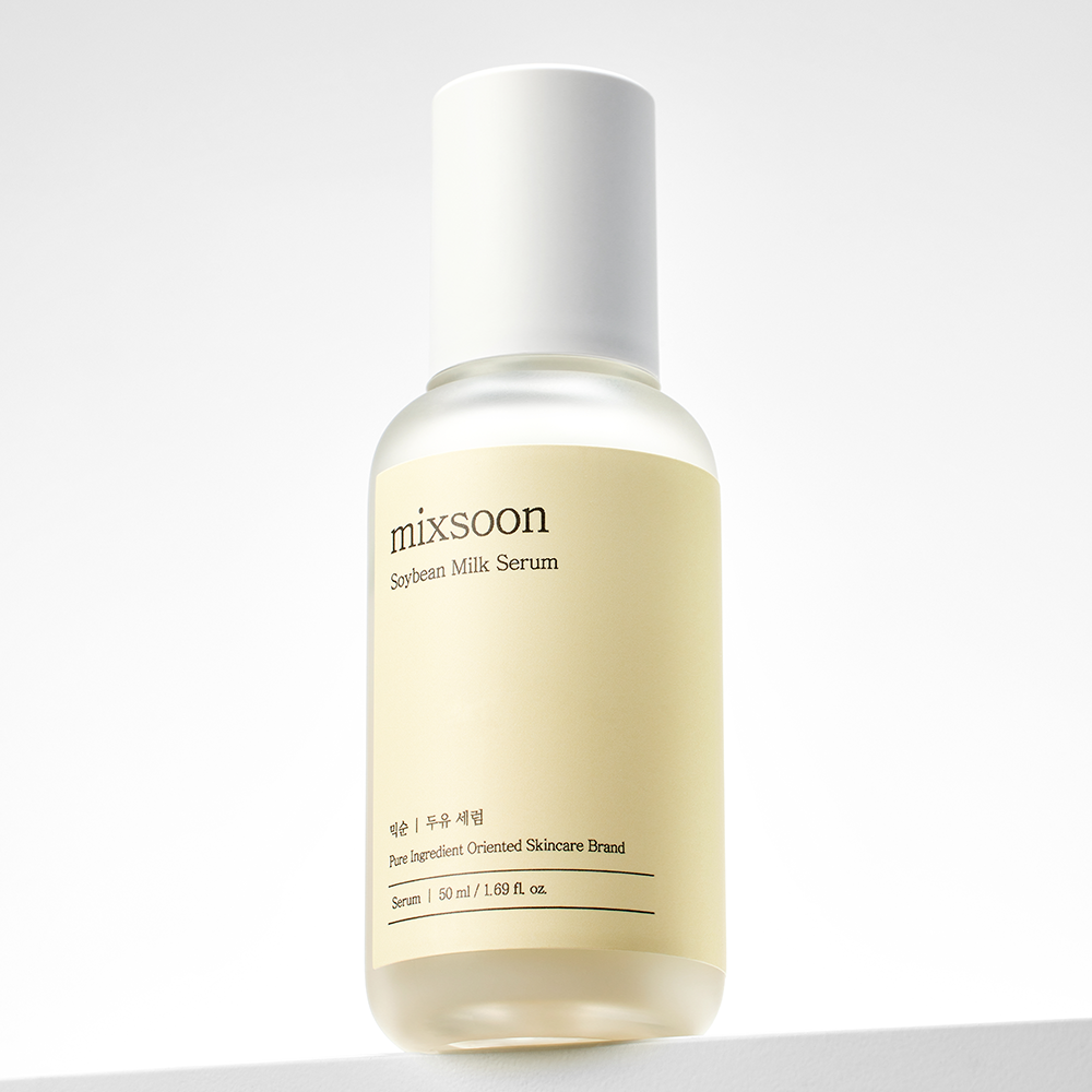 A bottle of mixsoon Soybean Milk Serum, featuring a frosted glass bottle with a pale yellow label and a white cap, set against a clean white background.