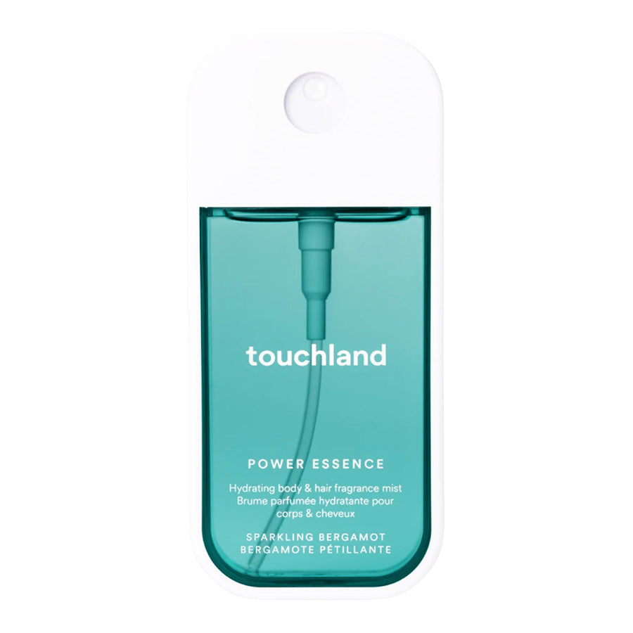 Touchland Power Essence Hydrating Body & Hair Mist - Sparkling Bergamot, featuring a translucent teal-green body with a white cap, on a solid white background.