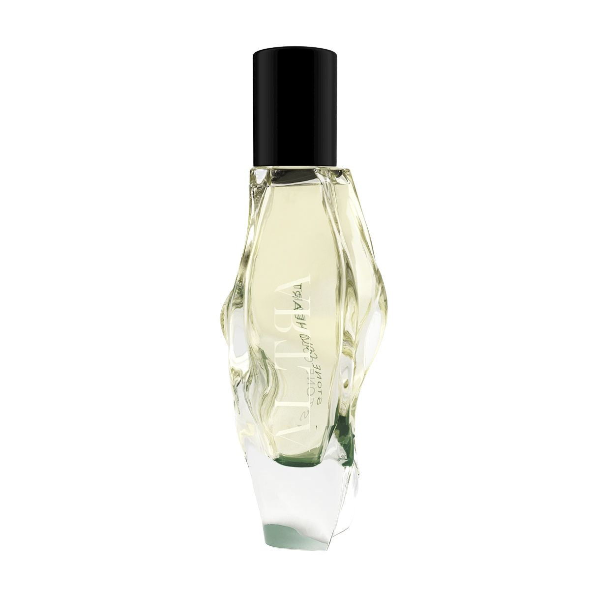 Perfume bottle with a black cap on a white background