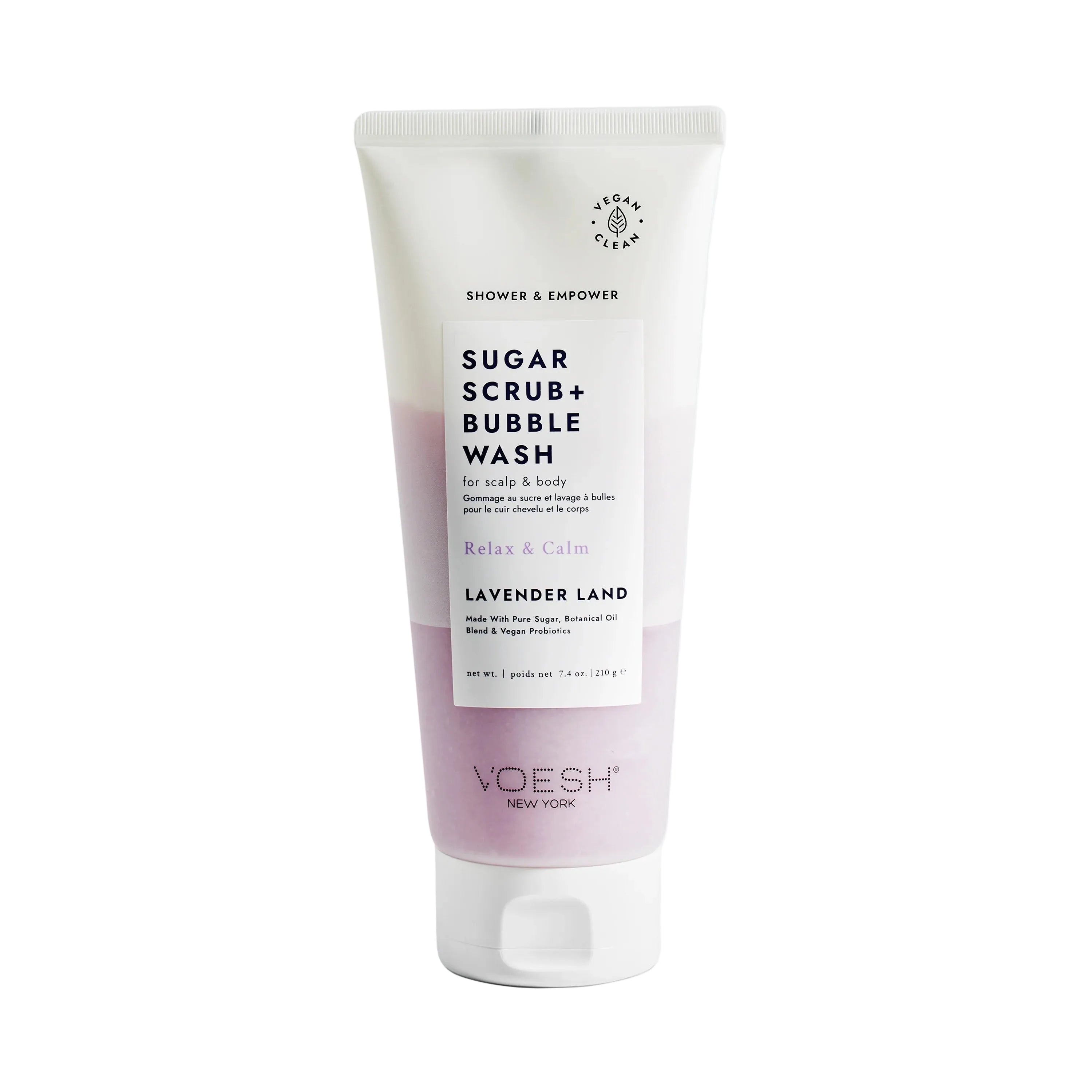 Tube of sugar scrub and bubble wash with lavender scent on a white background